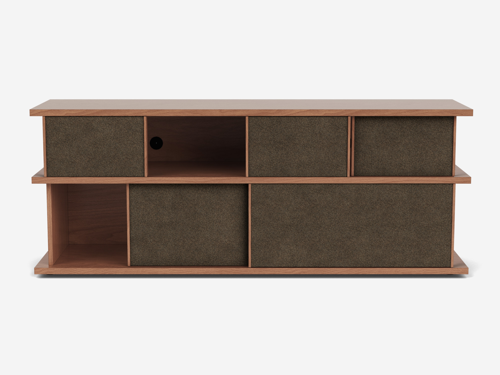 Front view of tall walnut media unit with fabric panels